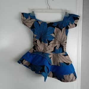 Handmade Dress Girls 3T-4T Teal Leaf‎ Print Off Shoulder Short Sleeve Dashiki